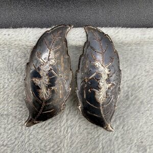 Vintage Siam Sterling Silver Clip On Earrings Signed Niello Godess Dancers